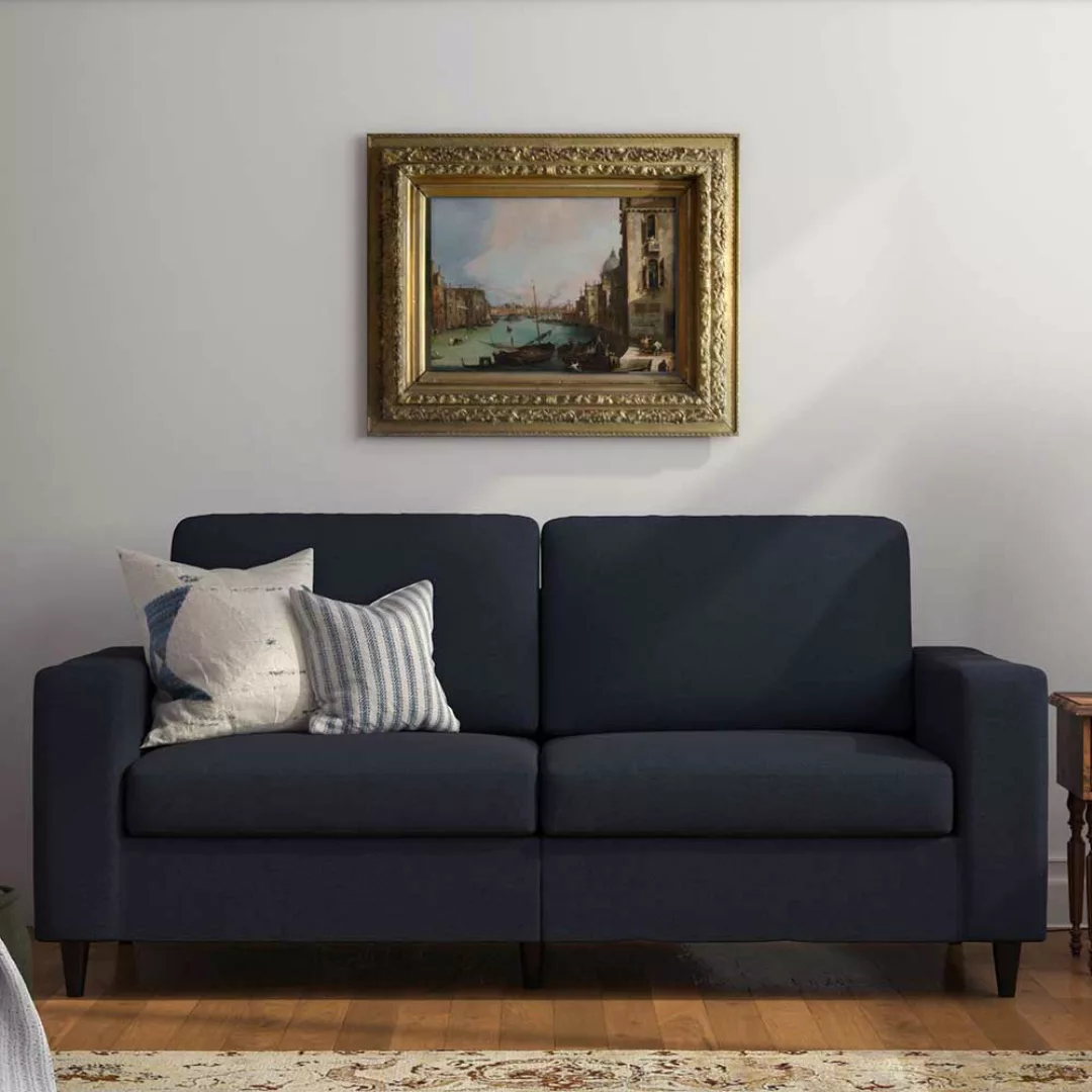 Dreisitzer Couch Stoff in Blau Vierfußgestell aus Holz günstig online kaufen