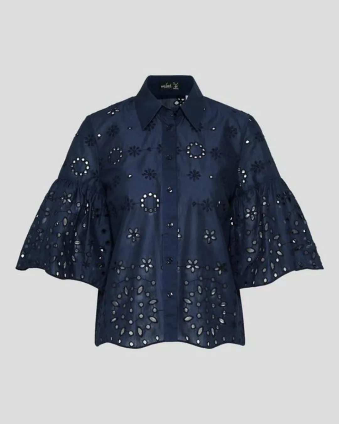 A-Linien Bluse mit Rüschendetails und Stickereien aus Baumwolle Blau günstig online kaufen