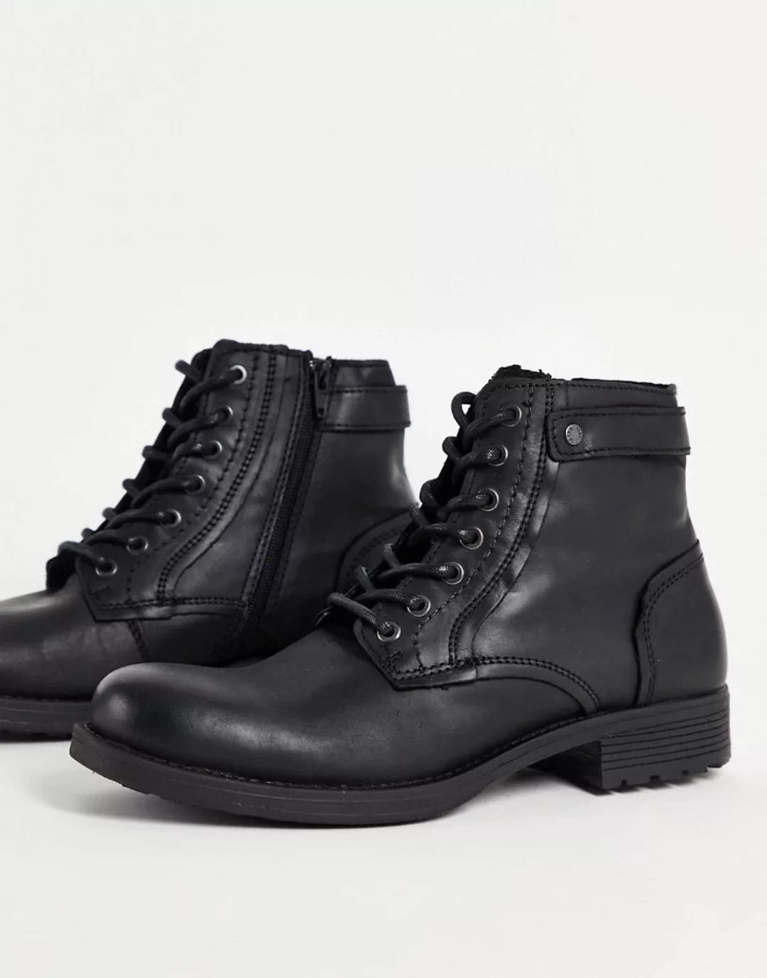 Jack & Jones – Hohe Schnürstiefel aus schwarzem Leder mit Riemchendetail günstig online kaufen