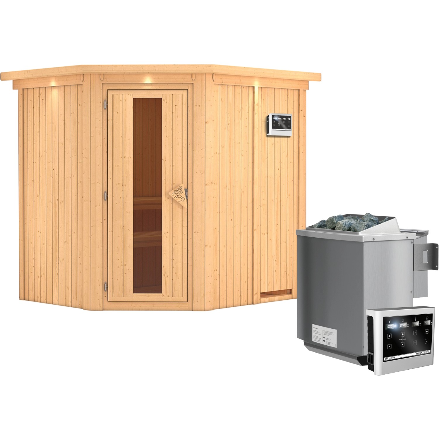 Karibu Sauna Swenna inkl. Bio-Ofen 9 kW ext. Strg., Dachkranz, Energiespart günstig online kaufen