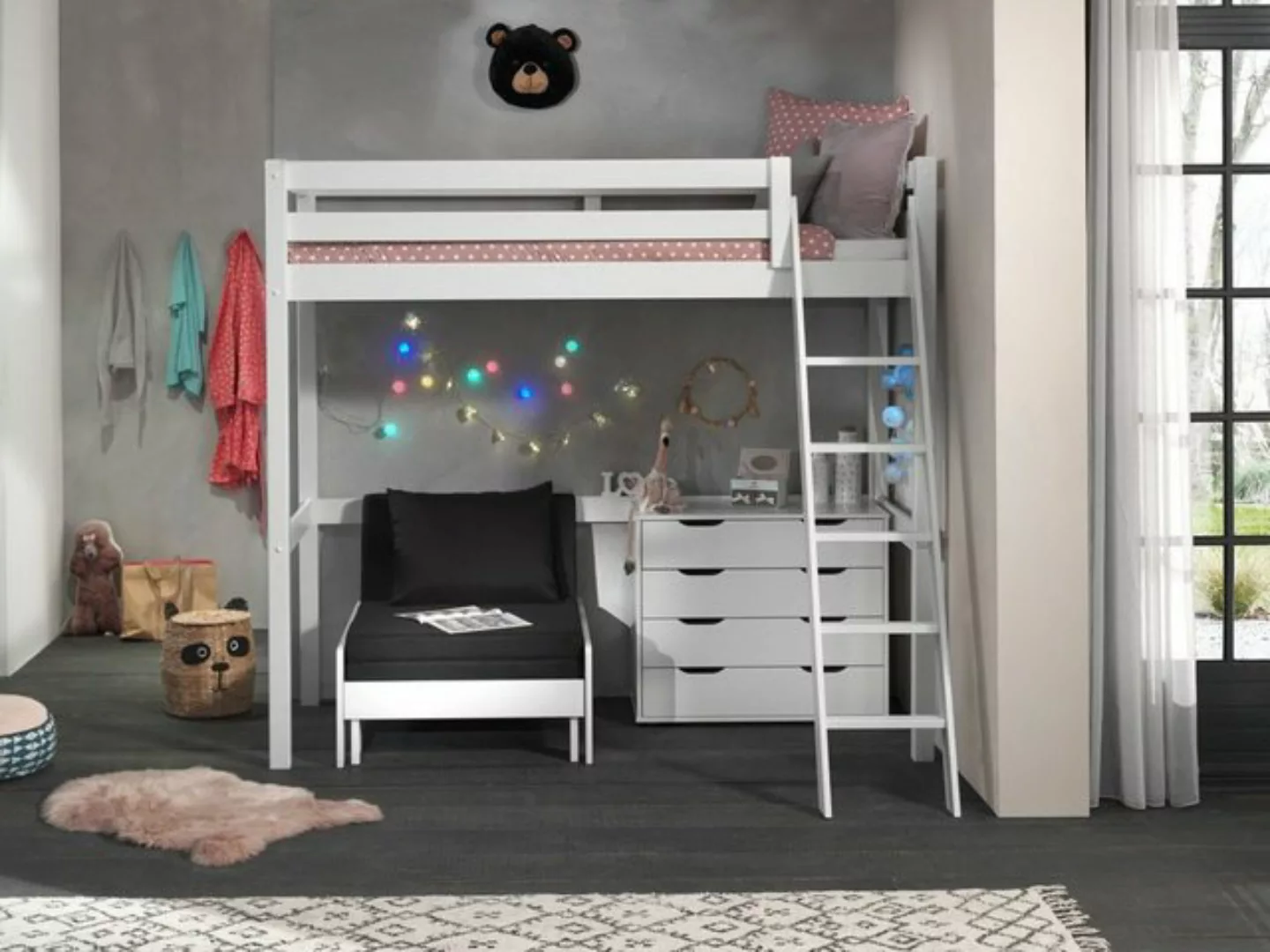 Natur24 Kinderbett Hochbett mit Sesselbett und Schubladenkommode Pino 90 x günstig online kaufen