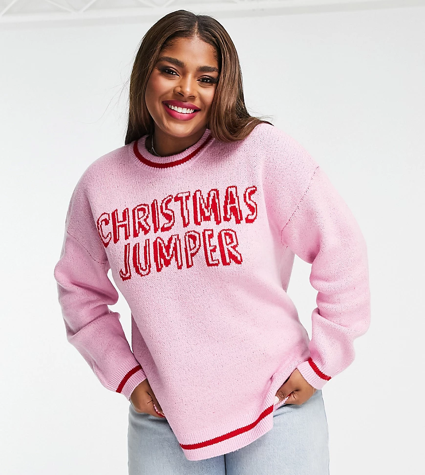 ASOS DESIGN Curve – Weihnachtlicher Pullover in Rosa mit „Christmas Jumper“ günstig online kaufen