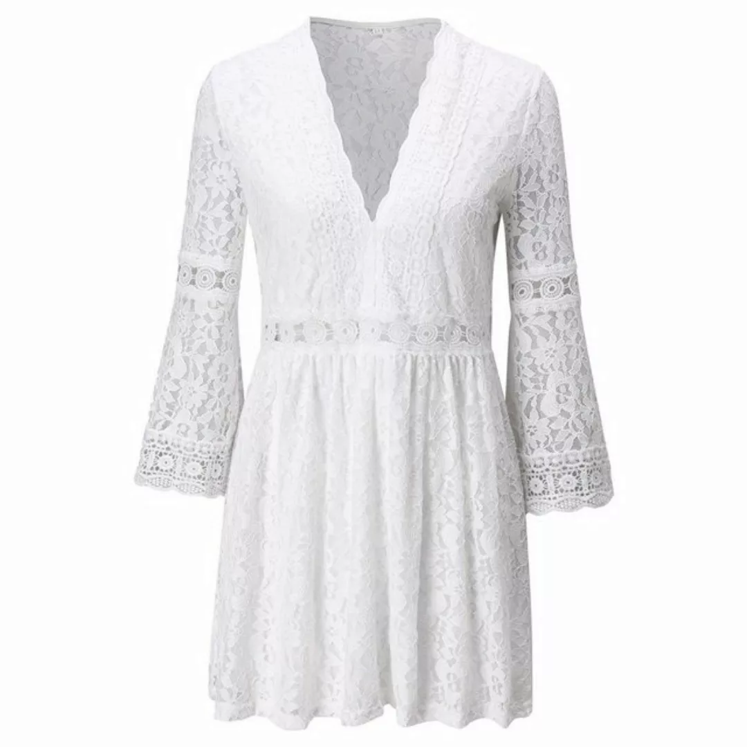 KIKI A-Linien-Kleid Sommerkleid V Ausschnitt Floral Spitze 3/4 Ärmel Elegan günstig online kaufen