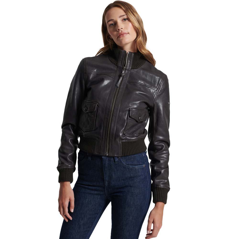 Superdry Studios Knit Collar Leather Bomber Jacke XS Chocolate Brown günstig online kaufen