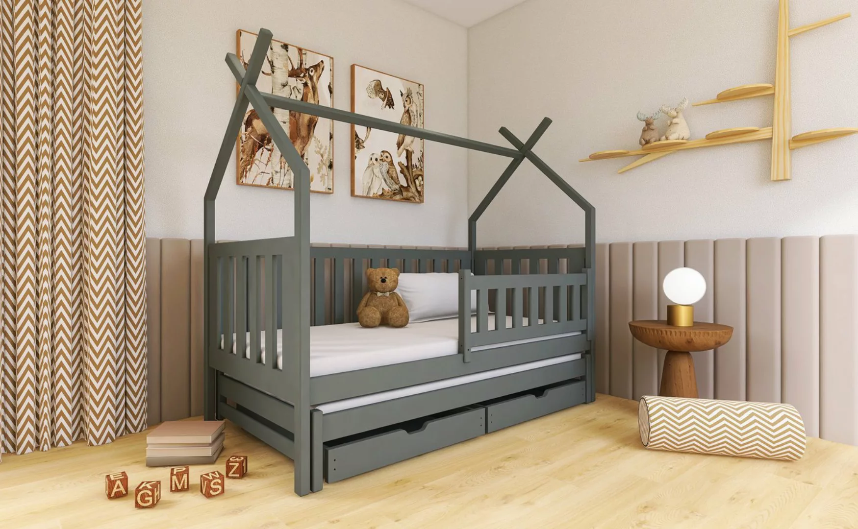 thematys Hausbett Kinderbett 90x190 cm mit Rausfallschutz, 2 Schubladen & A günstig online kaufen