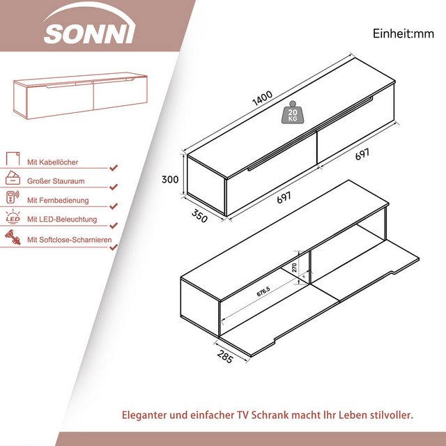 SONNI TV-Schrank Lowboard TV Schrank weiß Hochglanz mit LED-Beleuchtung,hän günstig online kaufen