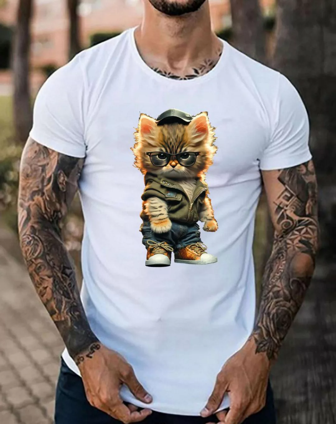 RMK T-Shirt Herren Basic Rundhals mit Gangster süße Katze Cat aus Baumwolle günstig online kaufen