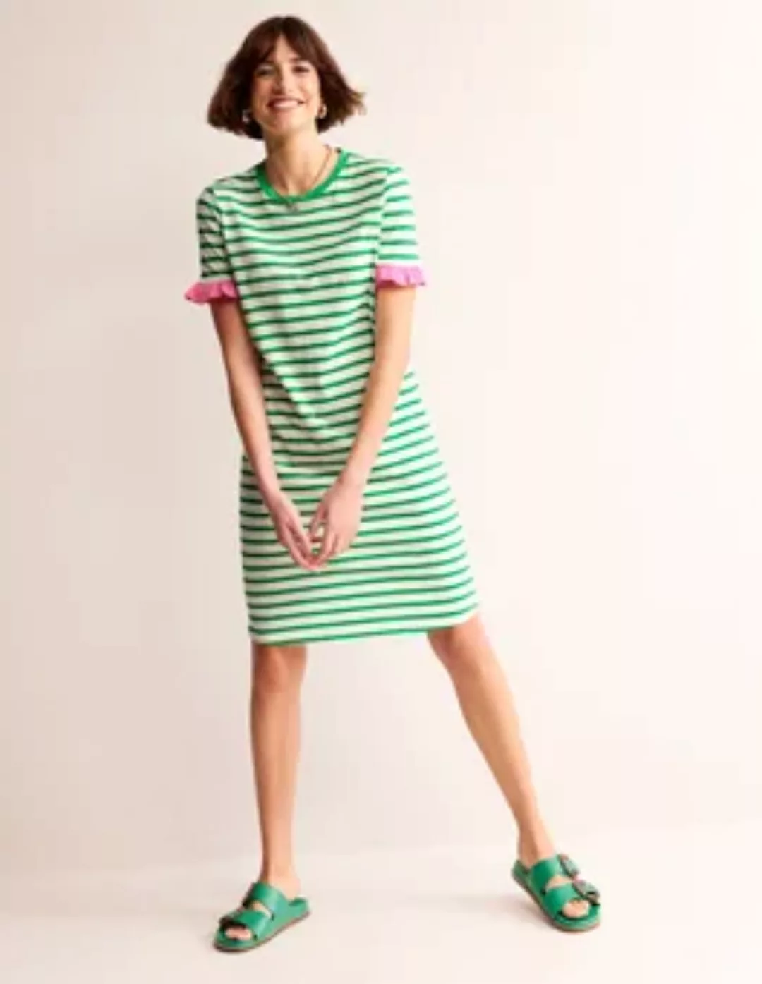Emily Baumwollkleid mit Rüschen Damen Boden, Naturweiß, Grün Streifen günstig online kaufen