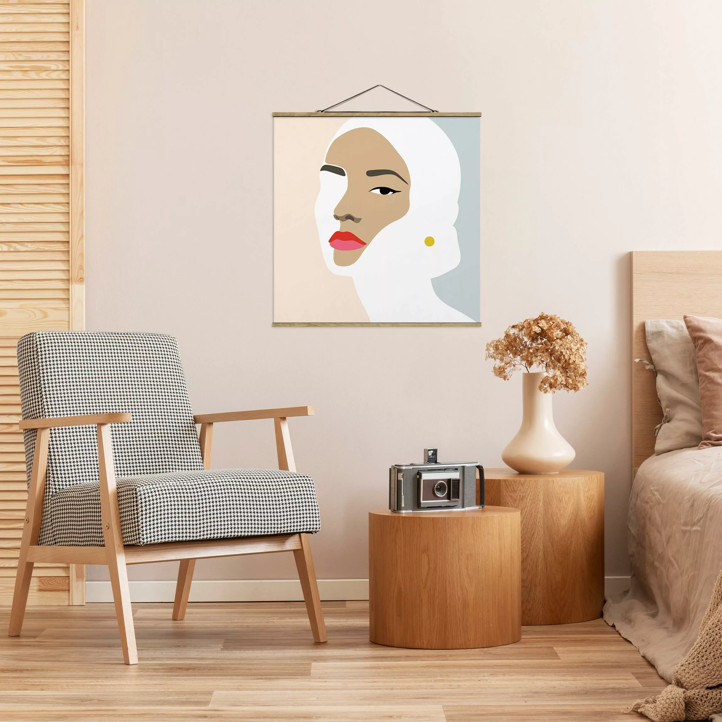 Stoffbild Abstrakt mit Posterleisten - Quadrat Line Art Portrait Frau Paste günstig online kaufen
