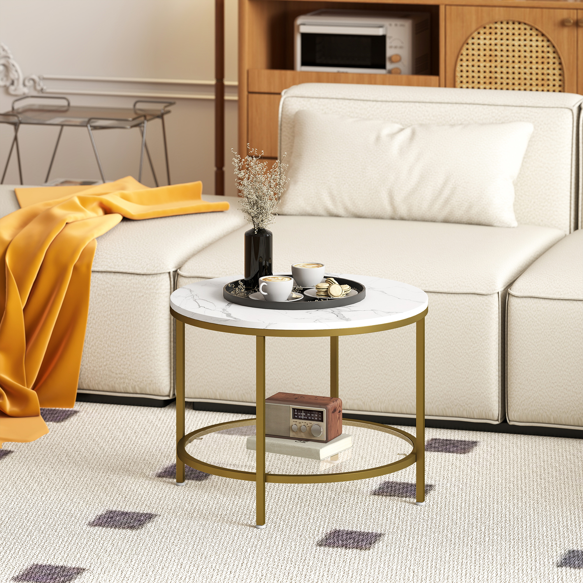 HOMCOM Runder Couchtisch, moderner Beistelltisch mit 2 Ebenen, marmorierte günstig online kaufen