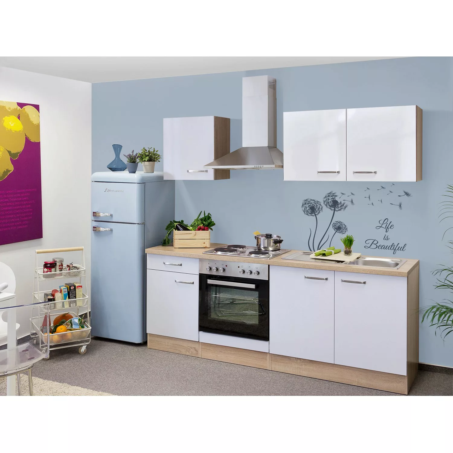 Flex-Well Exclusiv Küchenzeile Valero 210 cm Hochglanz Weiß-Sonoma Eiche günstig online kaufen
