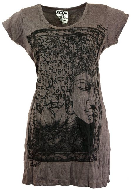 Guru-Shop T-Shirt Sure Long Shirt, Minikleid Mantra Buddha - taupe Goa Styl günstig online kaufen
