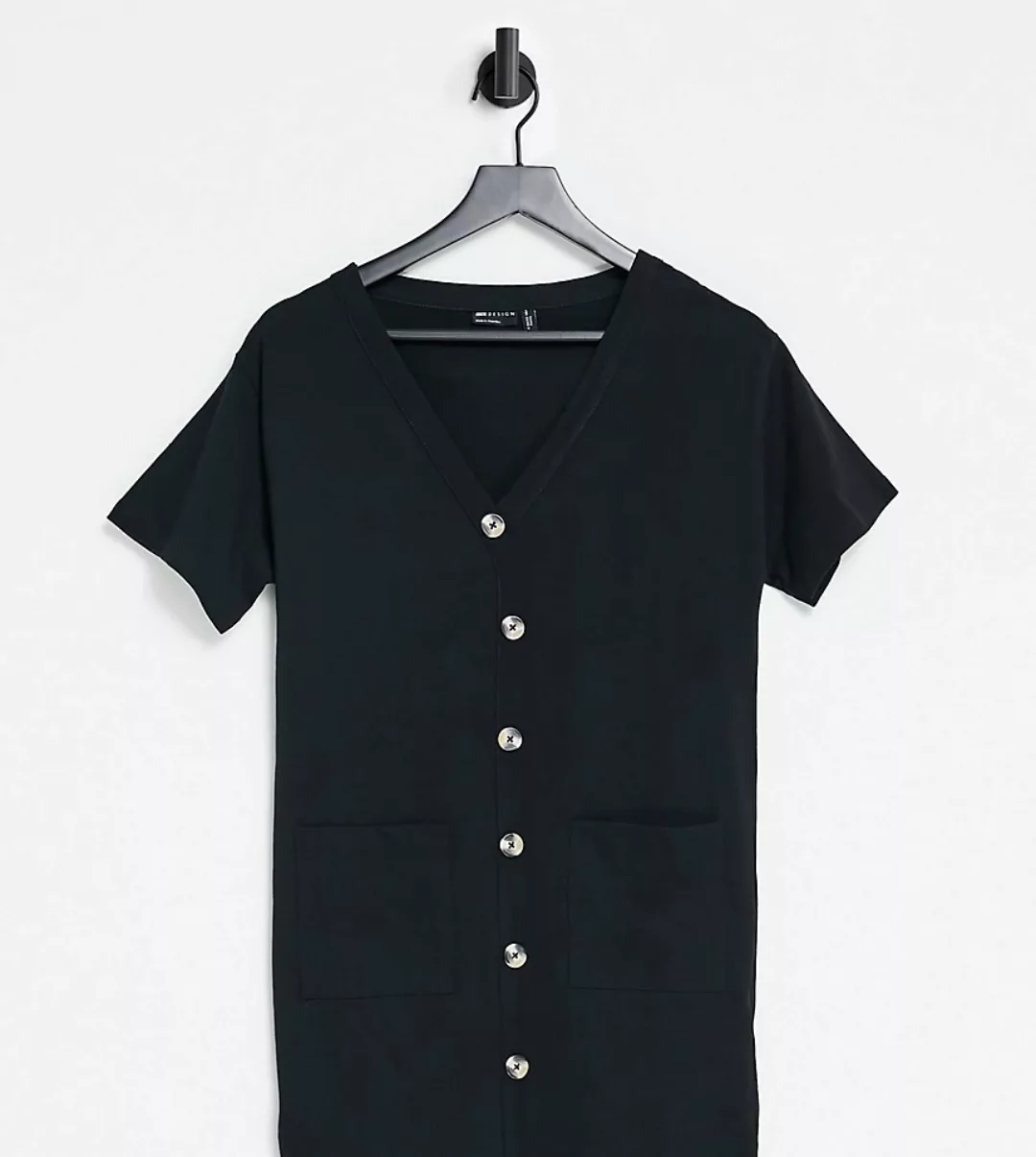 ASOS DESIGN Petite – T-Shirt-Kleid in Schwarz mit Knopfleiste günstig online kaufen