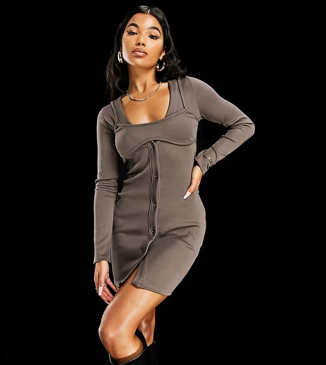 AsYou – Strickjackenkleid in Grau mit BH-Overlay und Knopfleiste günstig online kaufen