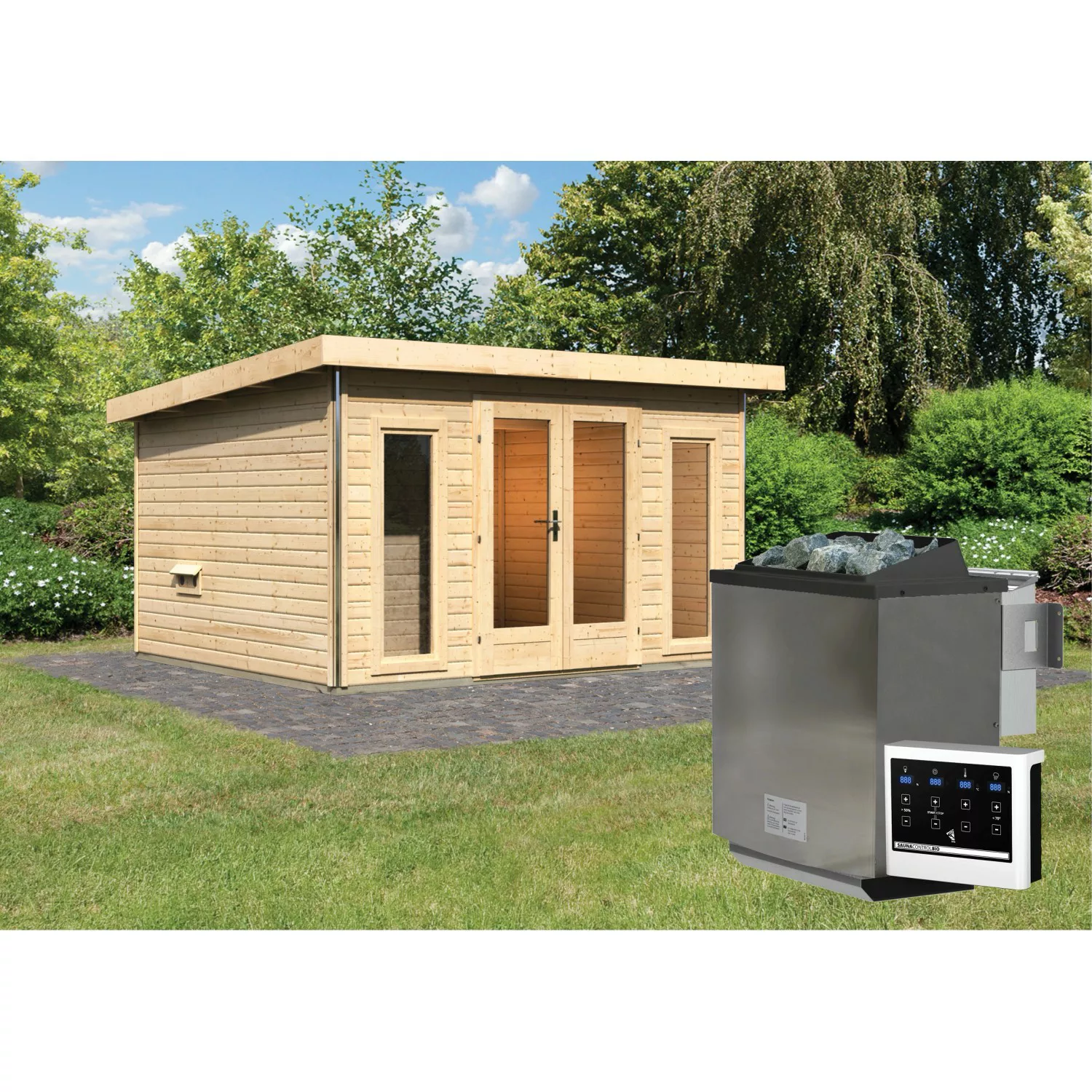 Karibu Saunahaus Magnus 2 Naturbelassen mit Ofen 9 kW Bio Ext. Strg. günstig online kaufen