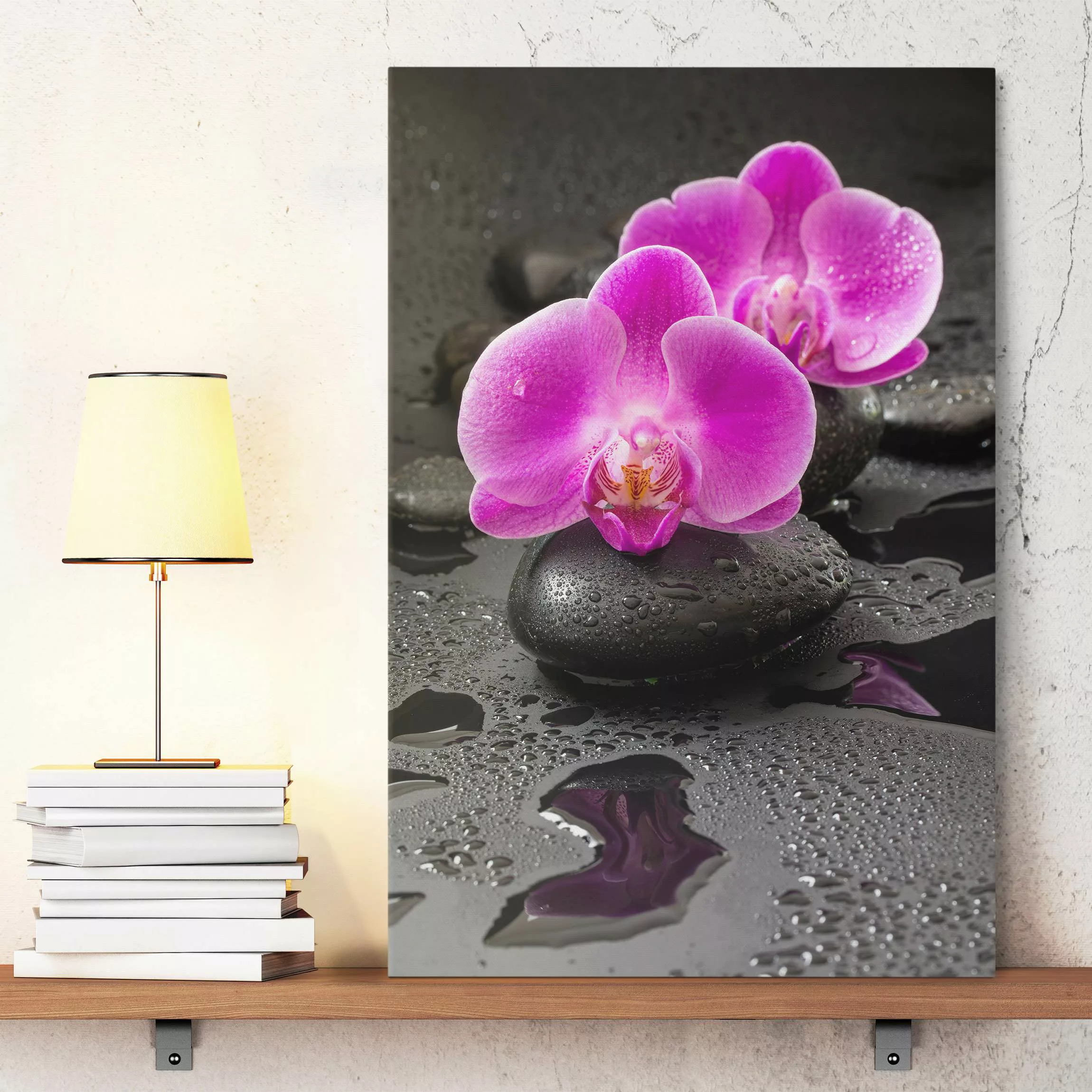Leinwandbild Pinke Orchideenblüten auf Steinen mit Tropfen günstig online kaufen