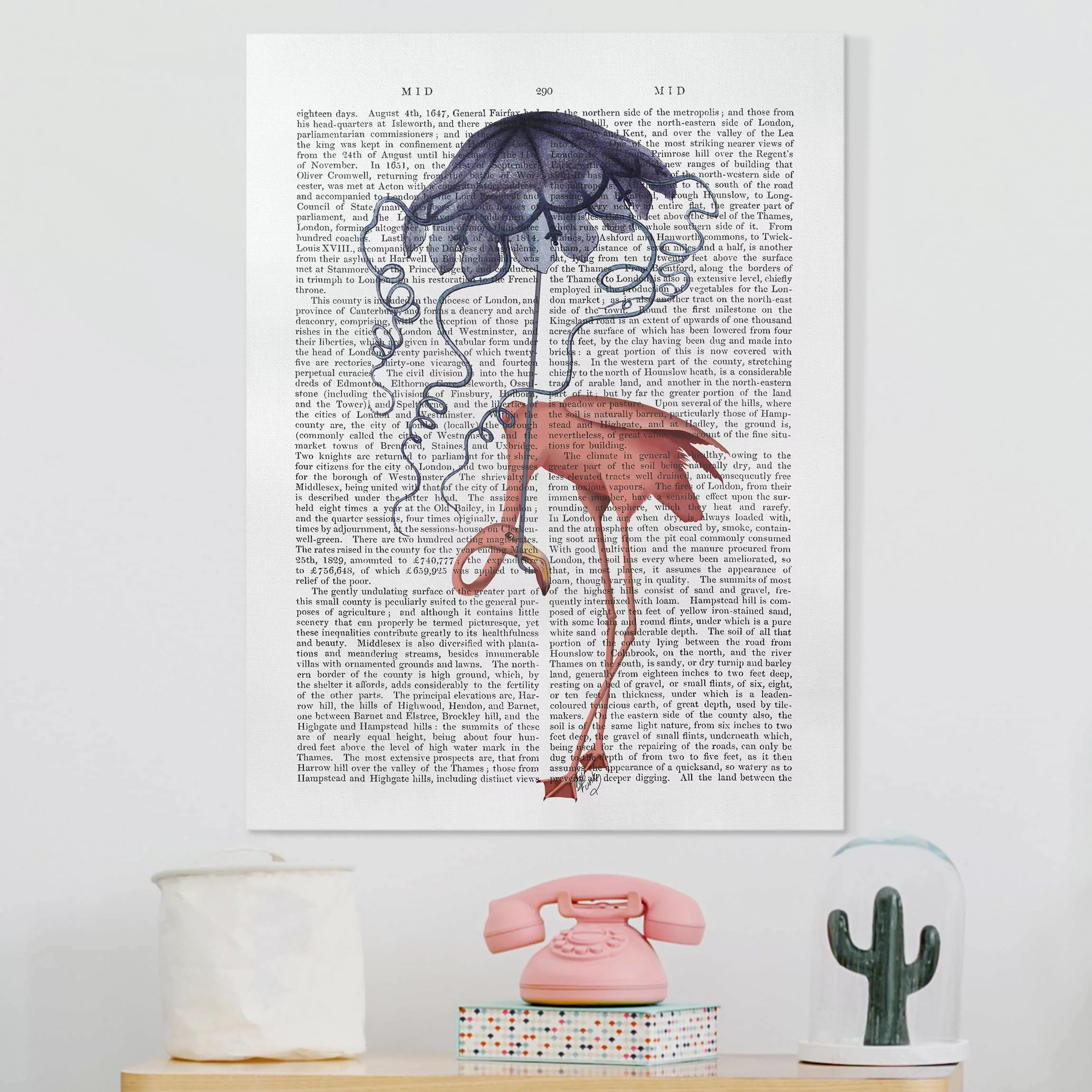 Leinwandbild Tiere - Hochformat Tierlektüre - Flamingo mit Regenschirm günstig online kaufen