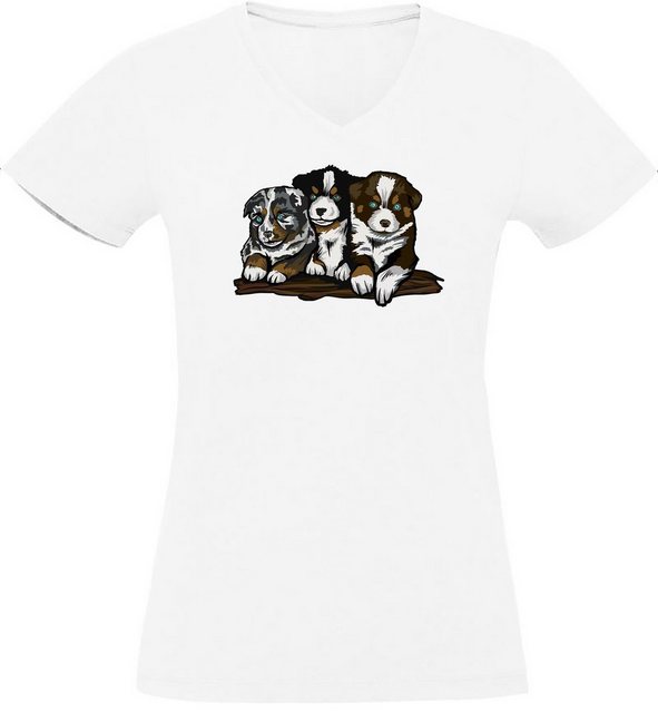 MyDesign24 T-Shirt Damen Hunde Print Shirt - Drei Hundewelpen V-Ausschnitt günstig online kaufen