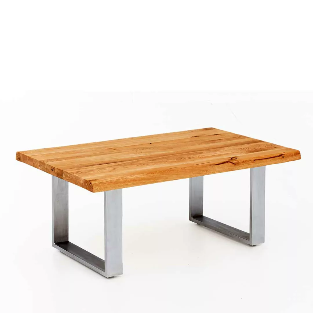 Baumkanten Couchtisch modern aus Eiche Massivholz Edelstahl günstig online kaufen