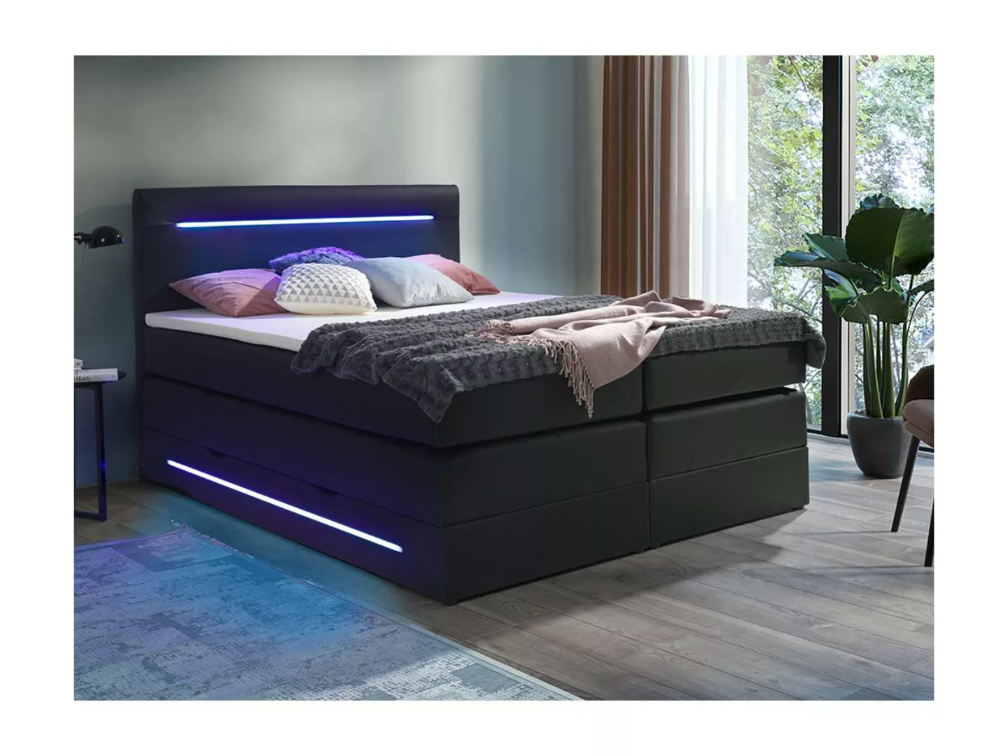 LED-Boxspringbett mit Topper - 160 x 200 cm - Kunstleder - Schwarz - KEROS günstig online kaufen