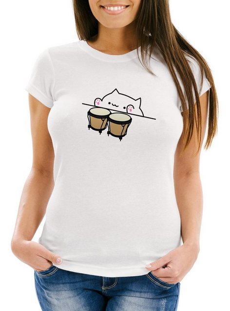 MoonWorks Print-Shirt Bongo Cat Damen T-Shirt Meme Slim Fit Moonworks® mit günstig online kaufen