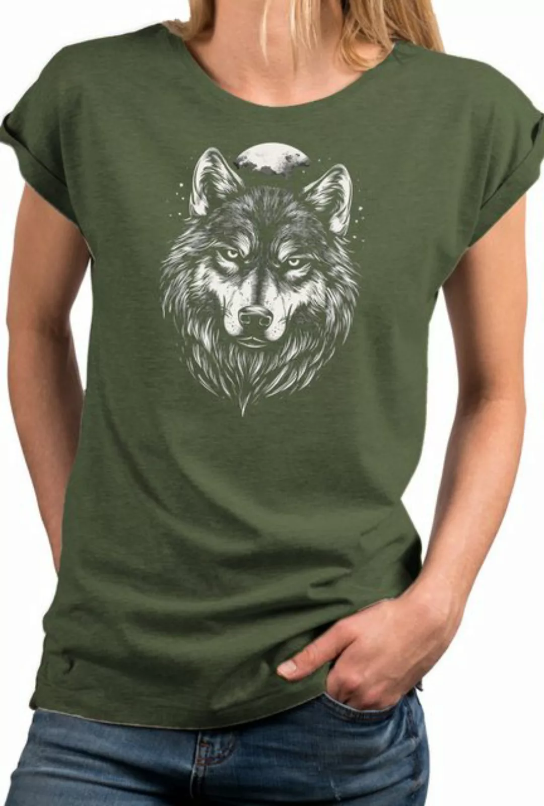 MAKAYA Print-Shirt mit Wolf Motiv für Damen Wolfskopf Viking Wikinger Top ( günstig online kaufen