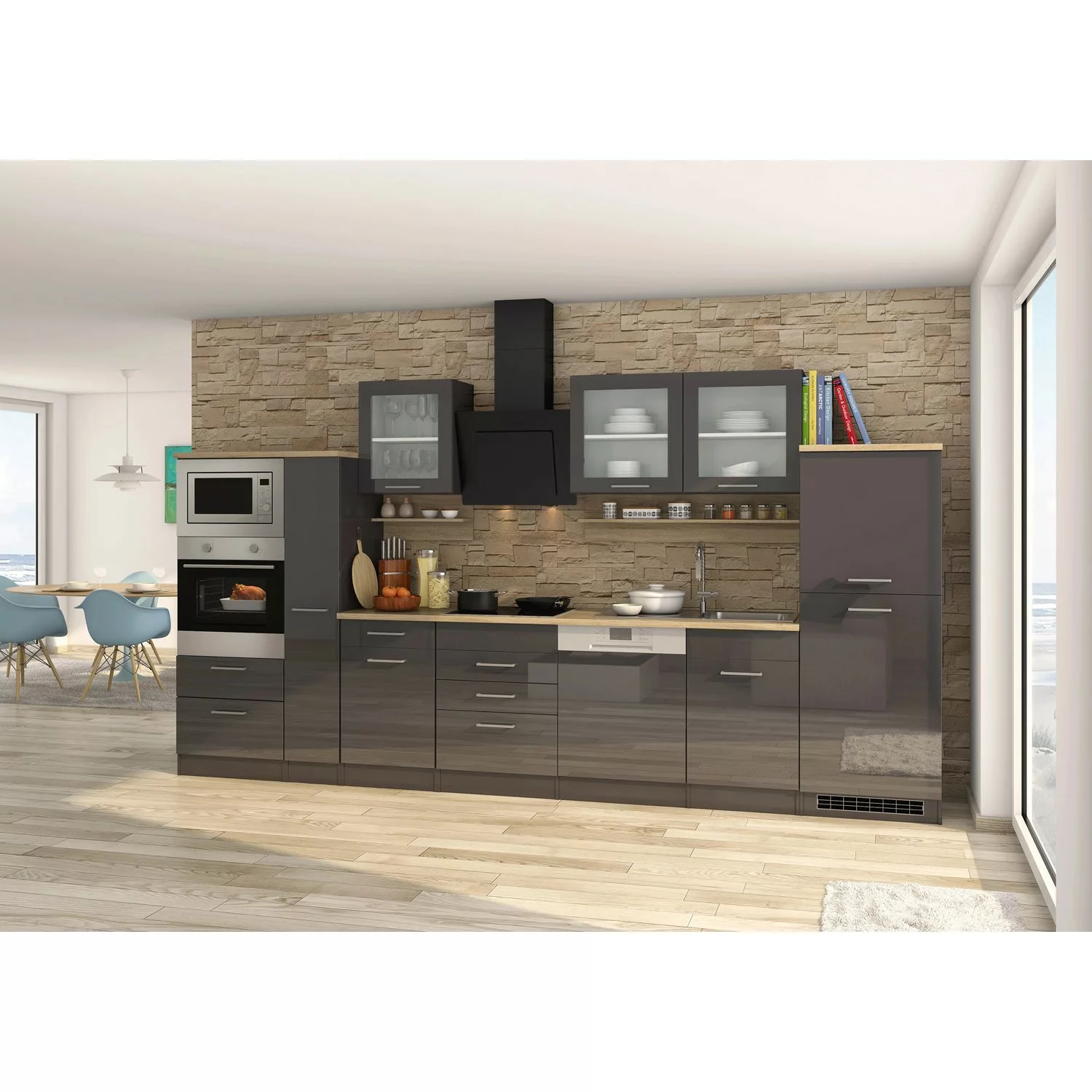 Held Möbel Küchenzeile Mailand 370 cm Grau Hochglanz-Grau Matt ohne E-Gerät günstig online kaufen