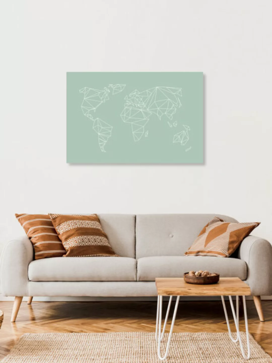 Poster / Leinwandbild - Weltkarte - Geometrical World Map - Pastel Sage Gre günstig online kaufen