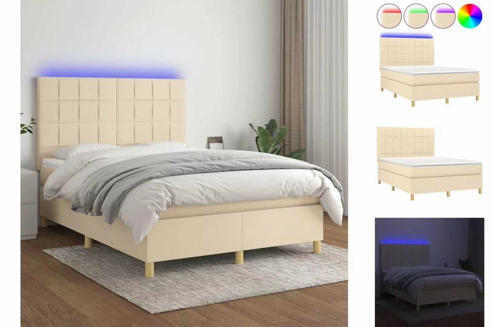 vidaXL Boxspringbett (140 x 200 cm, Quadrate, Creme), mit LED günstig online kaufen