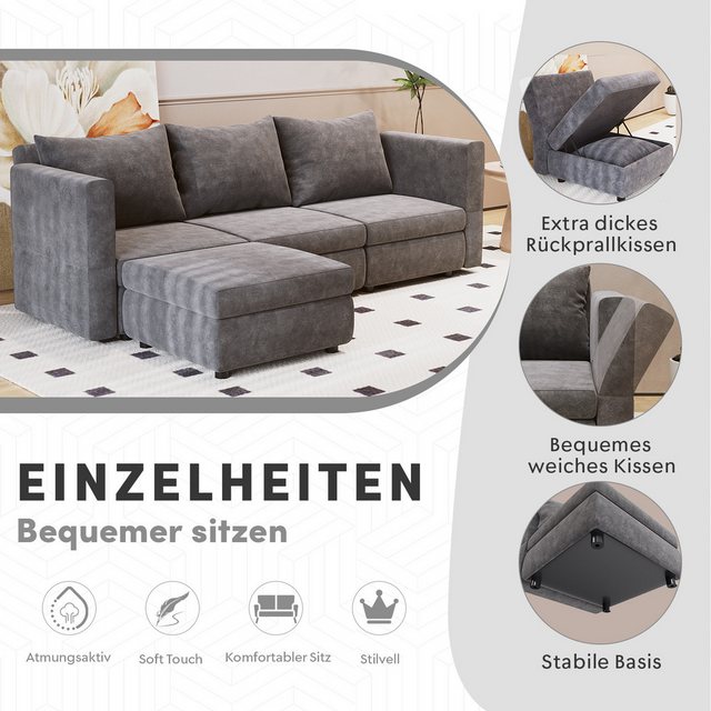 GUNJI Ecksofa Ecksofa mit Stauraum Armlehnen Verstellbarer Rückenlehnenwink günstig online kaufen