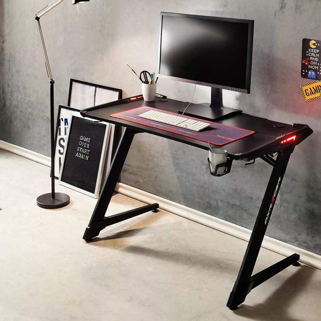 Schreibtisch in Schwarz LED Beleuchtung und Kabeldurchlass günstig online kaufen