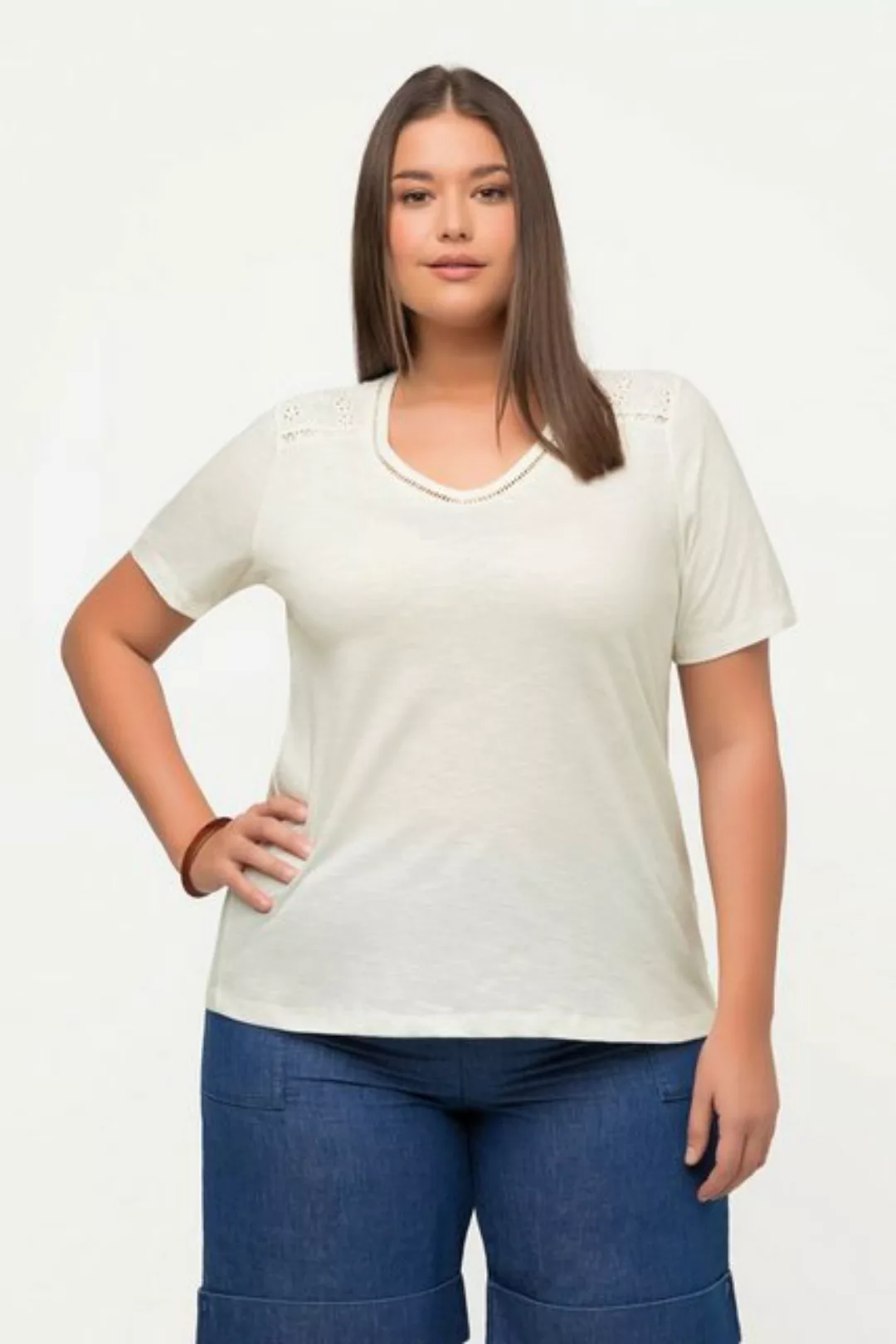 Ulla Popken Rundhalsshirt T-Shirt aus Biobaumwolle feine Spitze Regular Fit günstig online kaufen