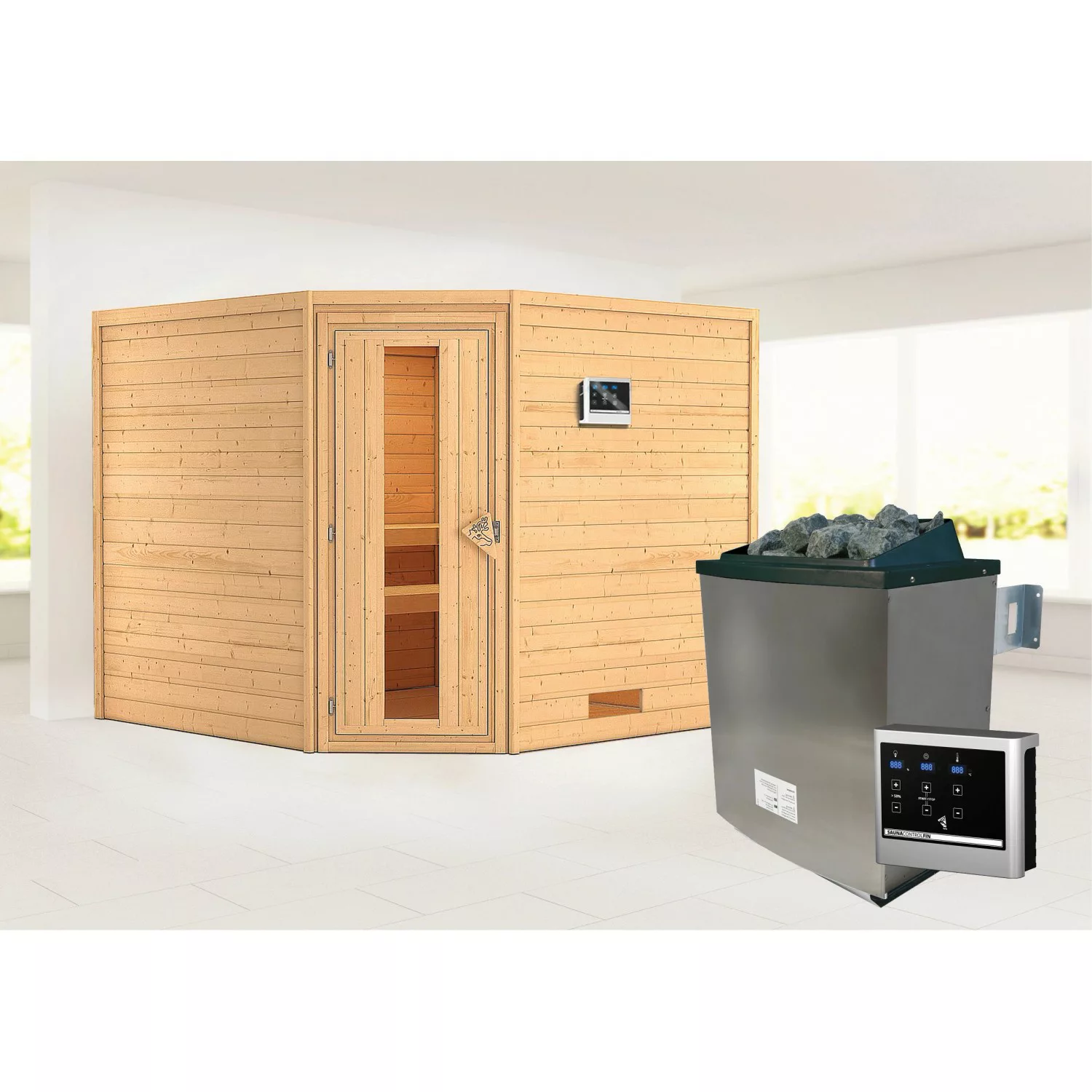 Karibu Sauna »"Leona" mit graphitfarbener Tür Ofen 9 KW externe Strg modern günstig online kaufen