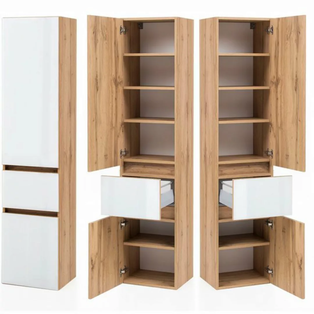 Lomadox Seitenschrank Wotaneiche Nb. mit Glasfronten weiß 40/180/35 cm günstig online kaufen