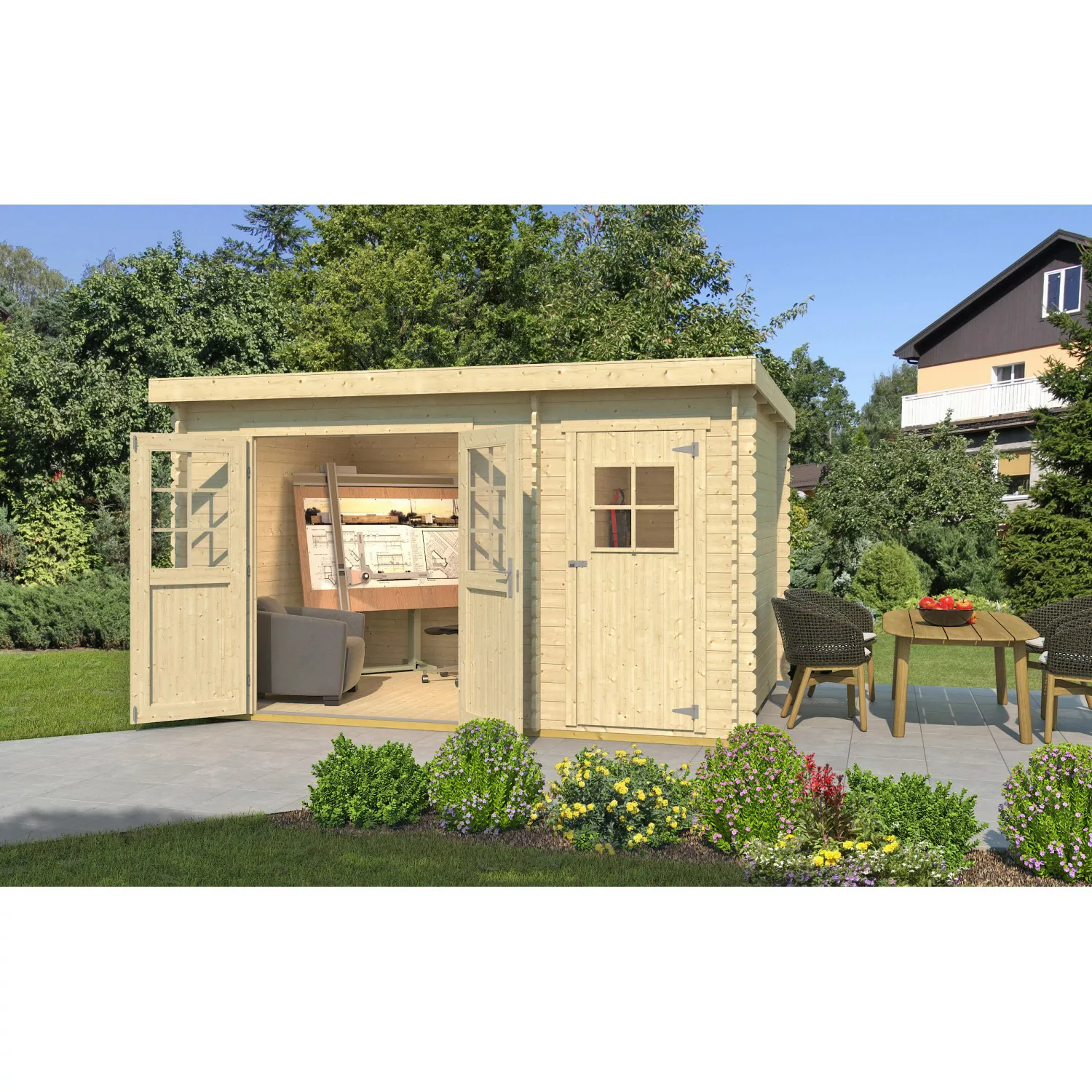 Weka Holz-Gartenhaus Brixen mit Flachdach Natur B x T: 370 cm x 250 cm günstig online kaufen