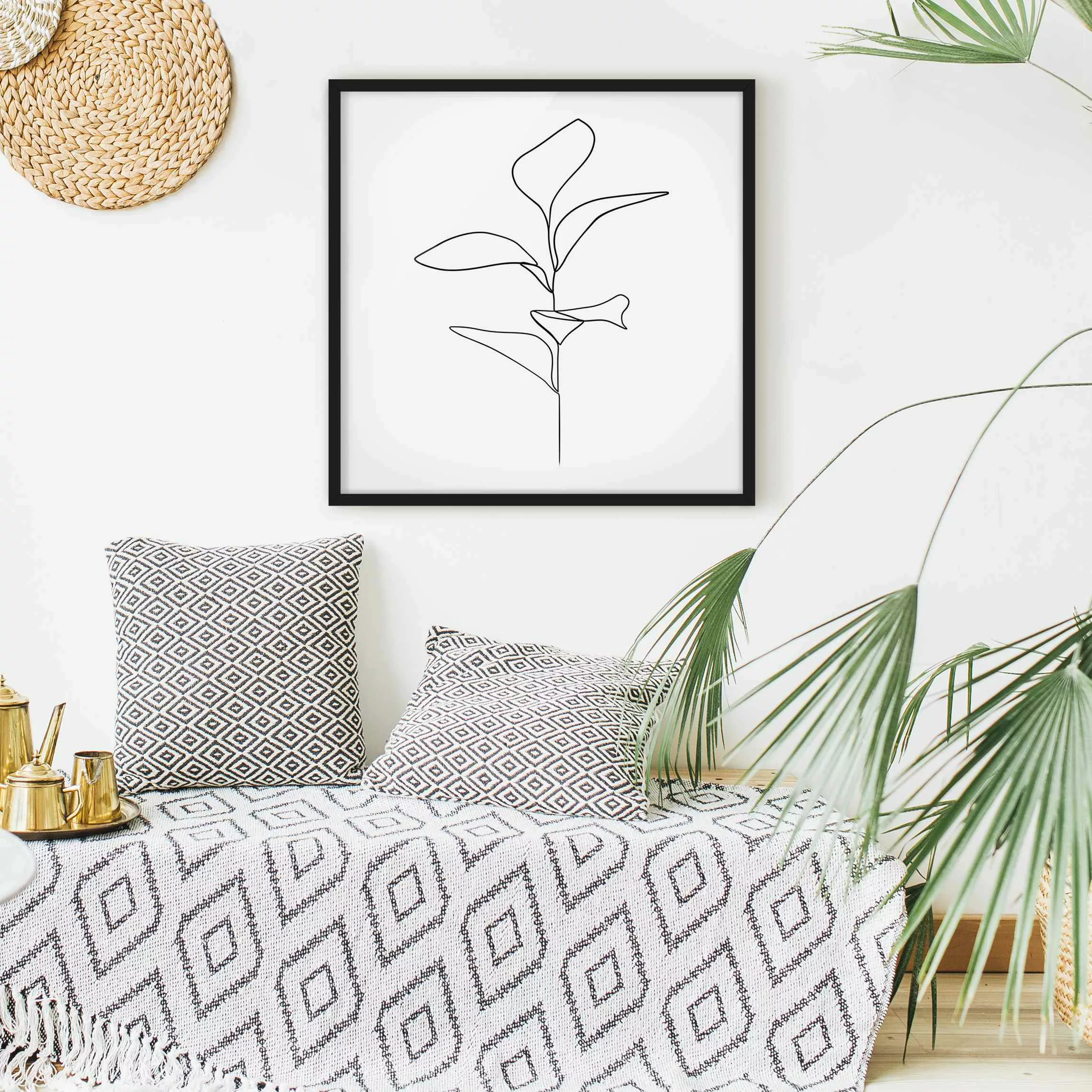 Bild mit Rahmen Blumen - Quadrat Line Art Pflanze Blätter Schwarz Weiß günstig online kaufen