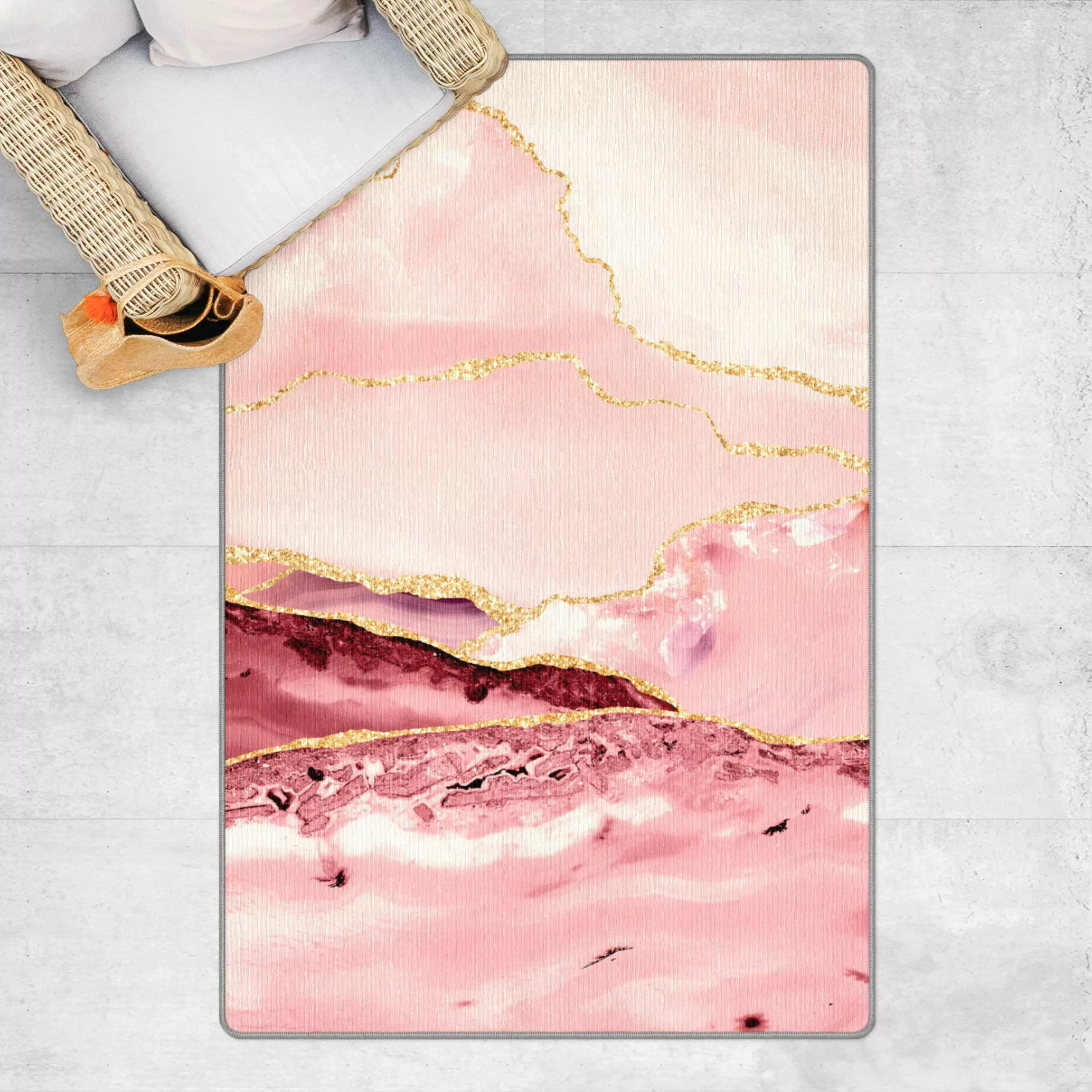 Teppich Abstrakte Berge Rosa mit Goldenen Linien günstig online kaufen