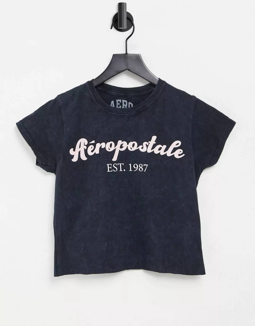Aeropostale – T-Shirt mit „Est. 1987”-Print in Acid-Waschung-Schwarz günstig online kaufen