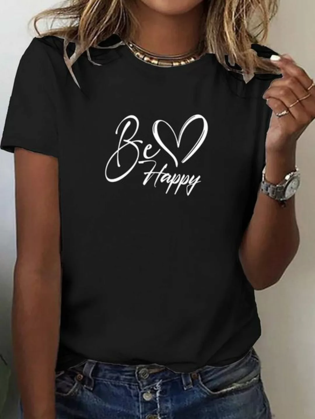 RMK T-Shirt Damen Shirt Top Sommer Basic Be Happy Glücklich aus 100% Baumwo günstig online kaufen