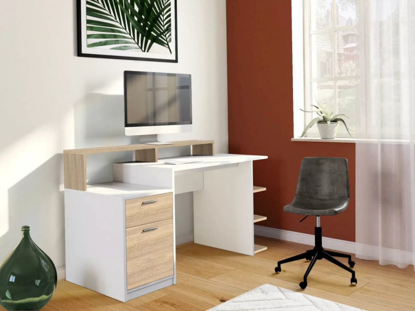 Schreibtisch mit Stauraum - Weiß & Eichefarben - ZACHARIE günstig online kaufen