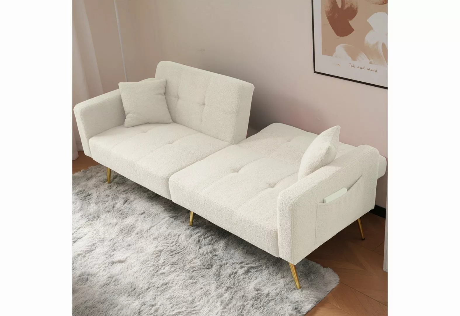 Ulife Schlafsofa mit Winkel, goldenen Beinen, Kissen und seitlichen Taschen günstig online kaufen