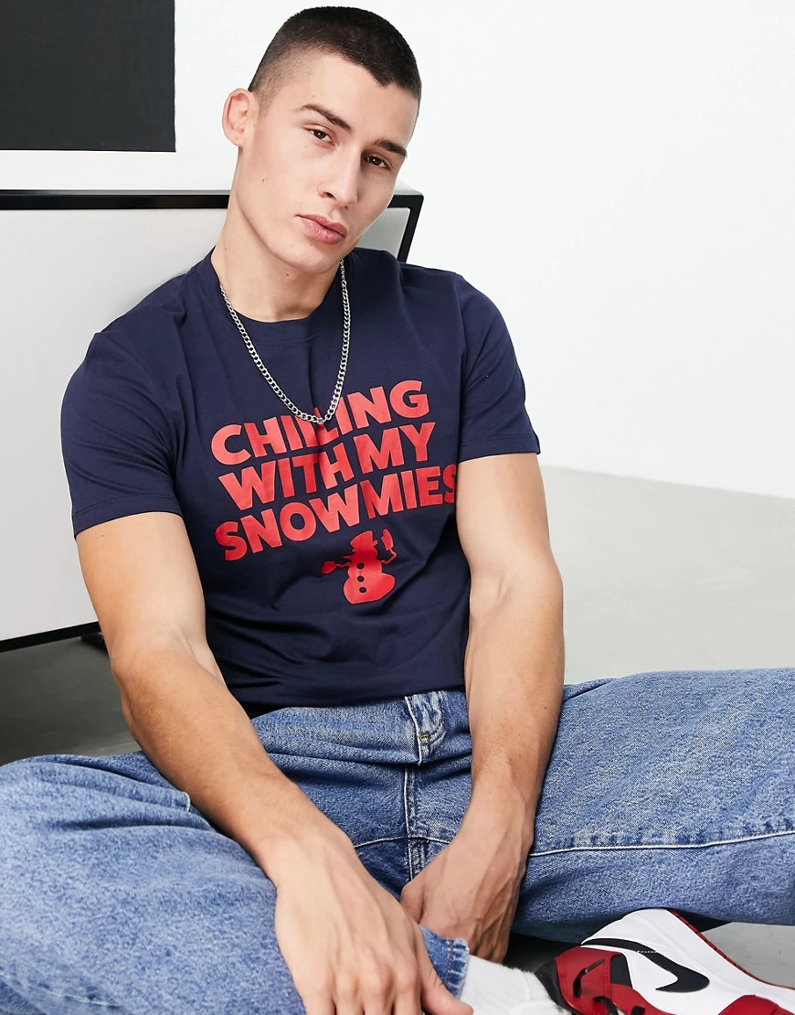 Jack & Jones – Originals – Weihnachtliches T-Shirt in Marineblau mit „Chill günstig online kaufen