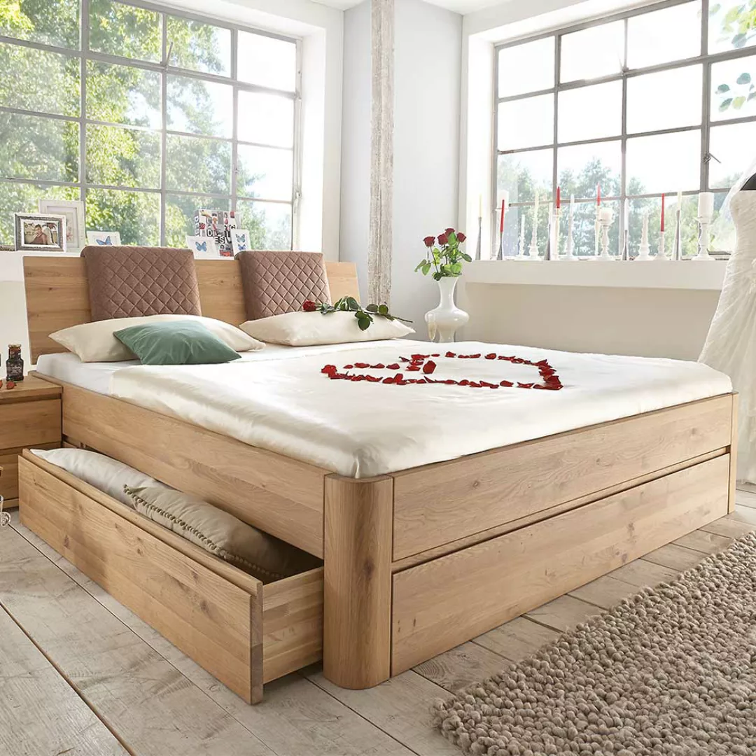 Bett System mit Stauraum in Wildeiche Bianco 216 cm tief günstig online kaufen