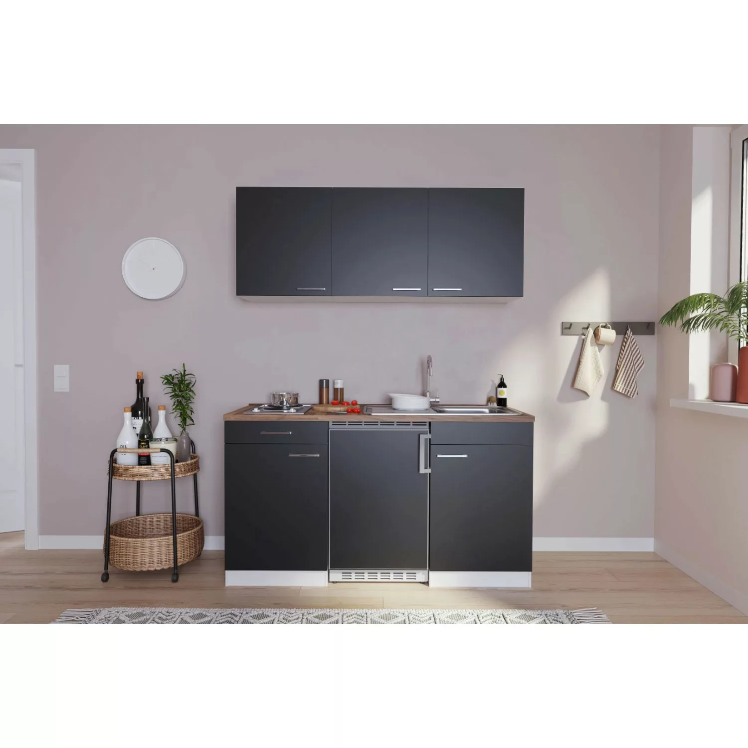 Respekta Küchenzeile KB150WG 150 cm Grau-Weiß Glänzend günstig online kaufen