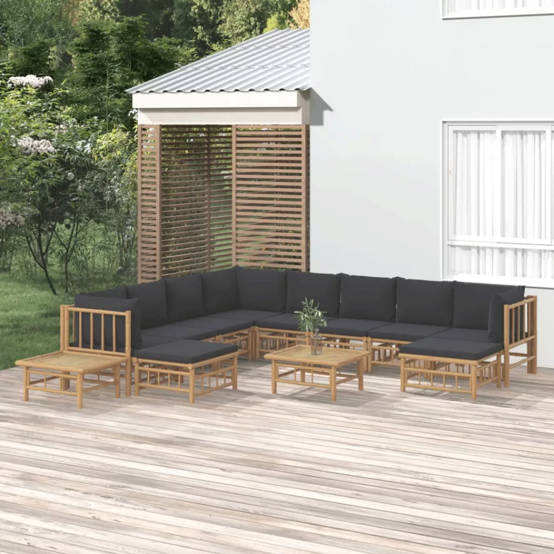 Vidaxl 12-tlg. Garten-lounge-set Mit Dunkelgrauen Kissen Bambus günstig online kaufen