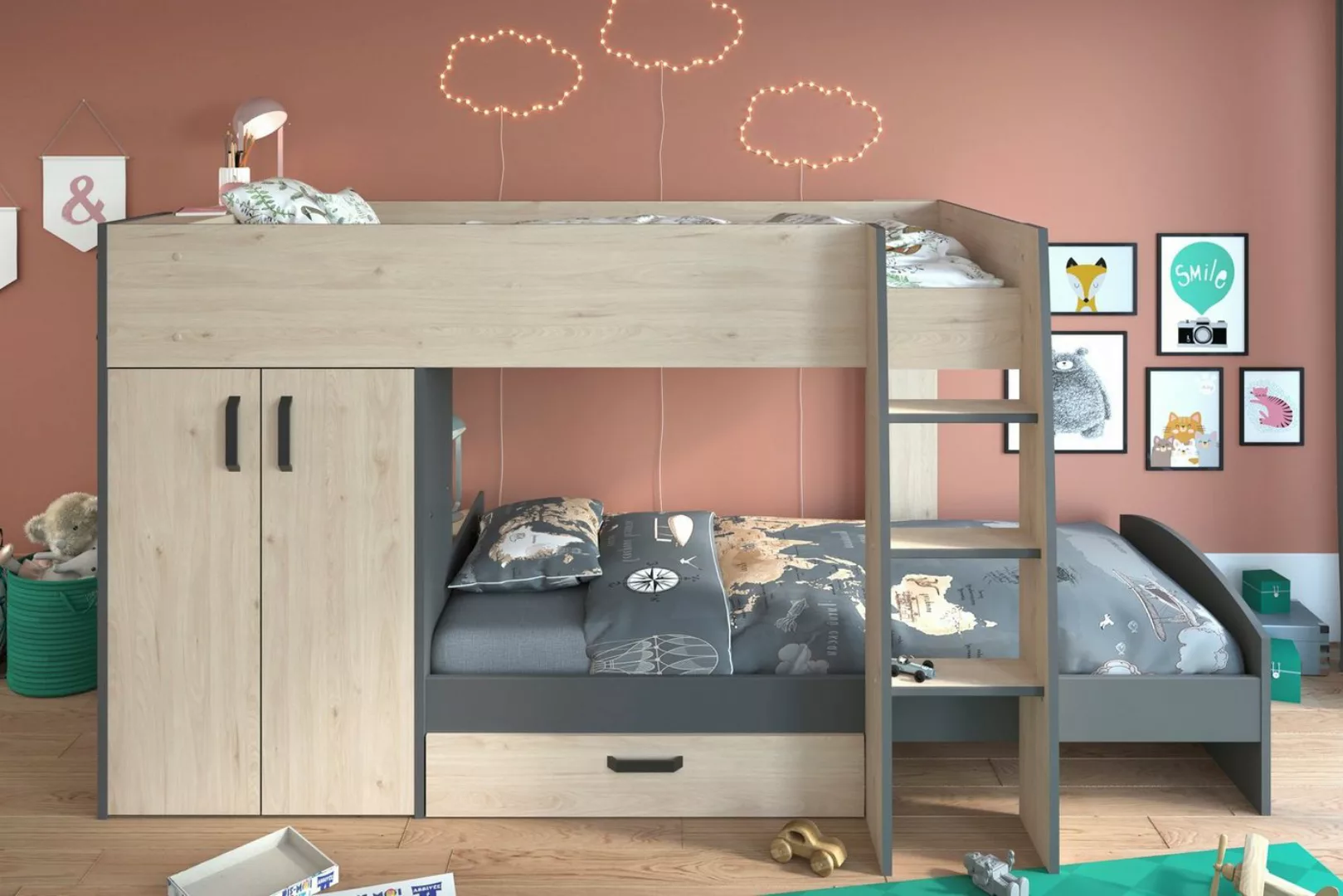 Faizee Möbel Etagenbett Etagenbett Stim Parisot +Kleiderschrank+Bettkasten+ günstig online kaufen