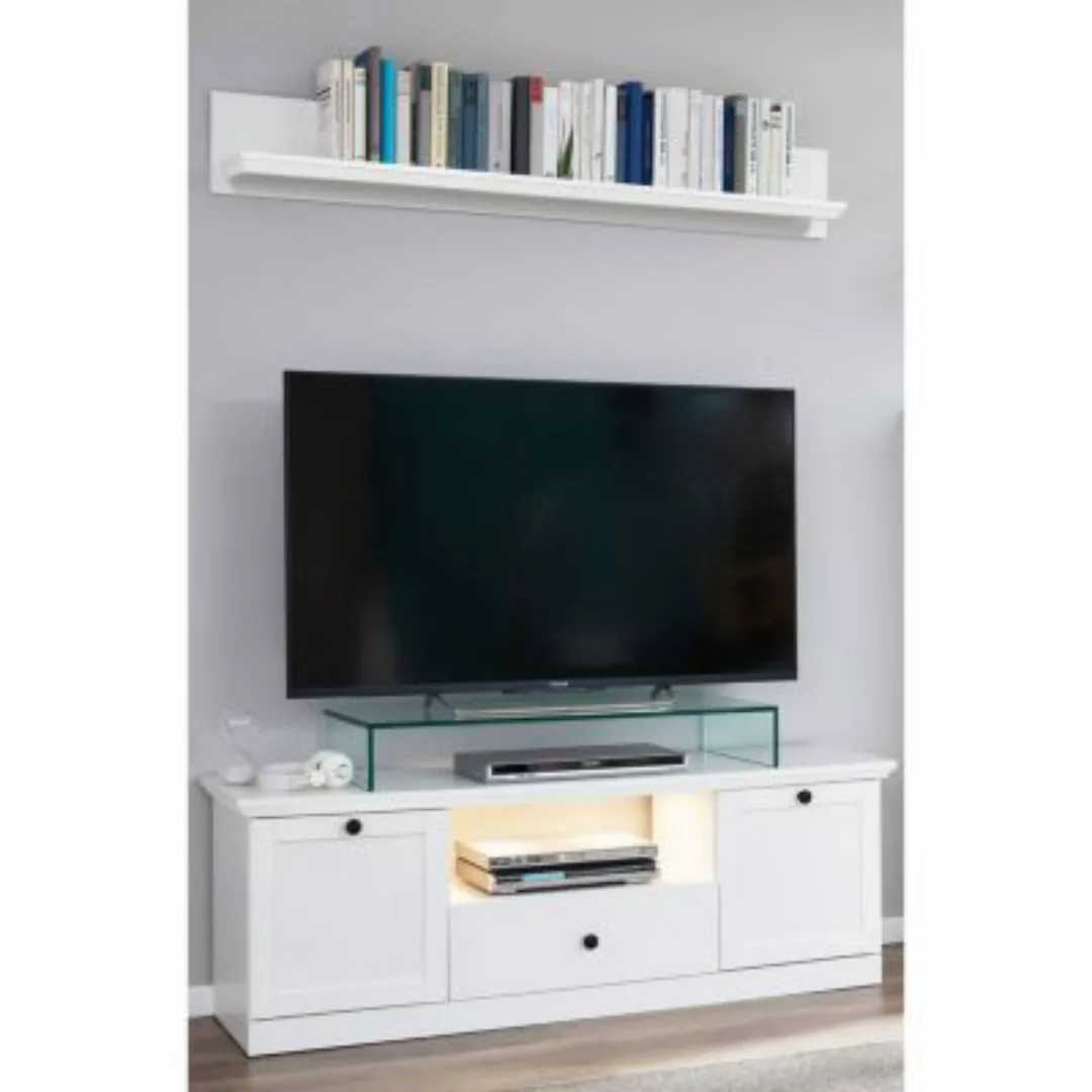 Lomadox TV Lowboard mit Wandregal BERGAMA-19 Landhaus weiß mit Beleuchtung, günstig online kaufen