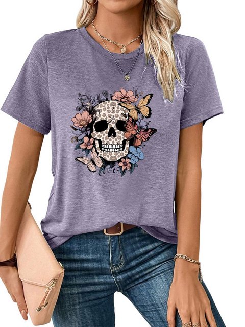 PYL T-Shirt Damen Casual Blumenschädel Grafik Tees günstig online kaufen