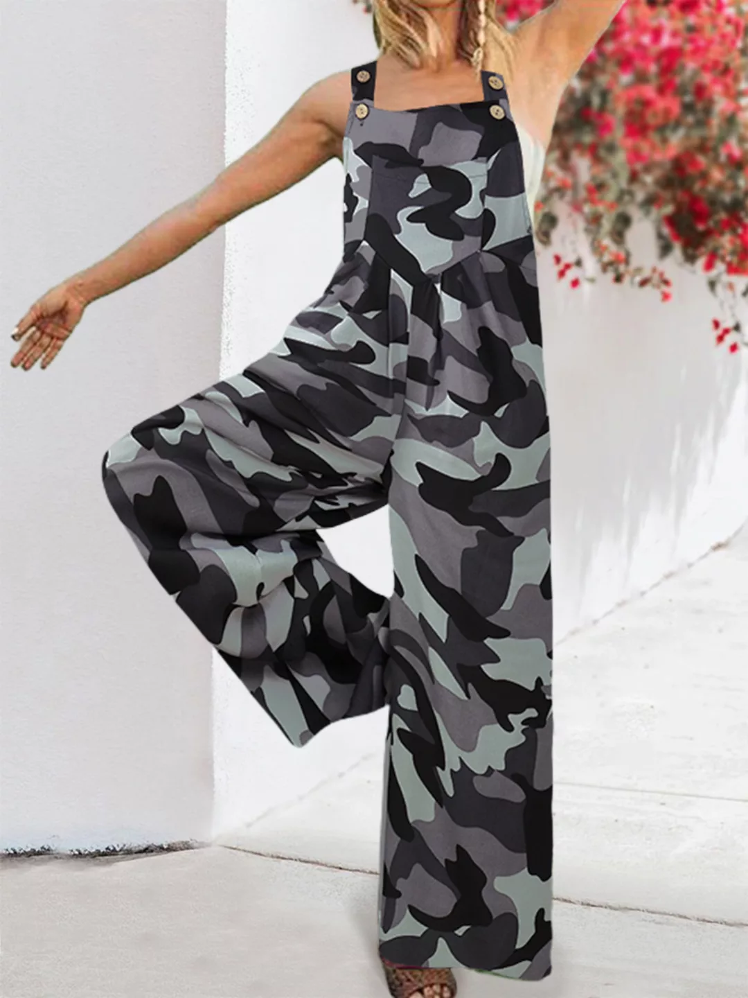 Camouflage Print Breitbeinige Taschenriemen Ärmellose Overalls für Damen günstig online kaufen
