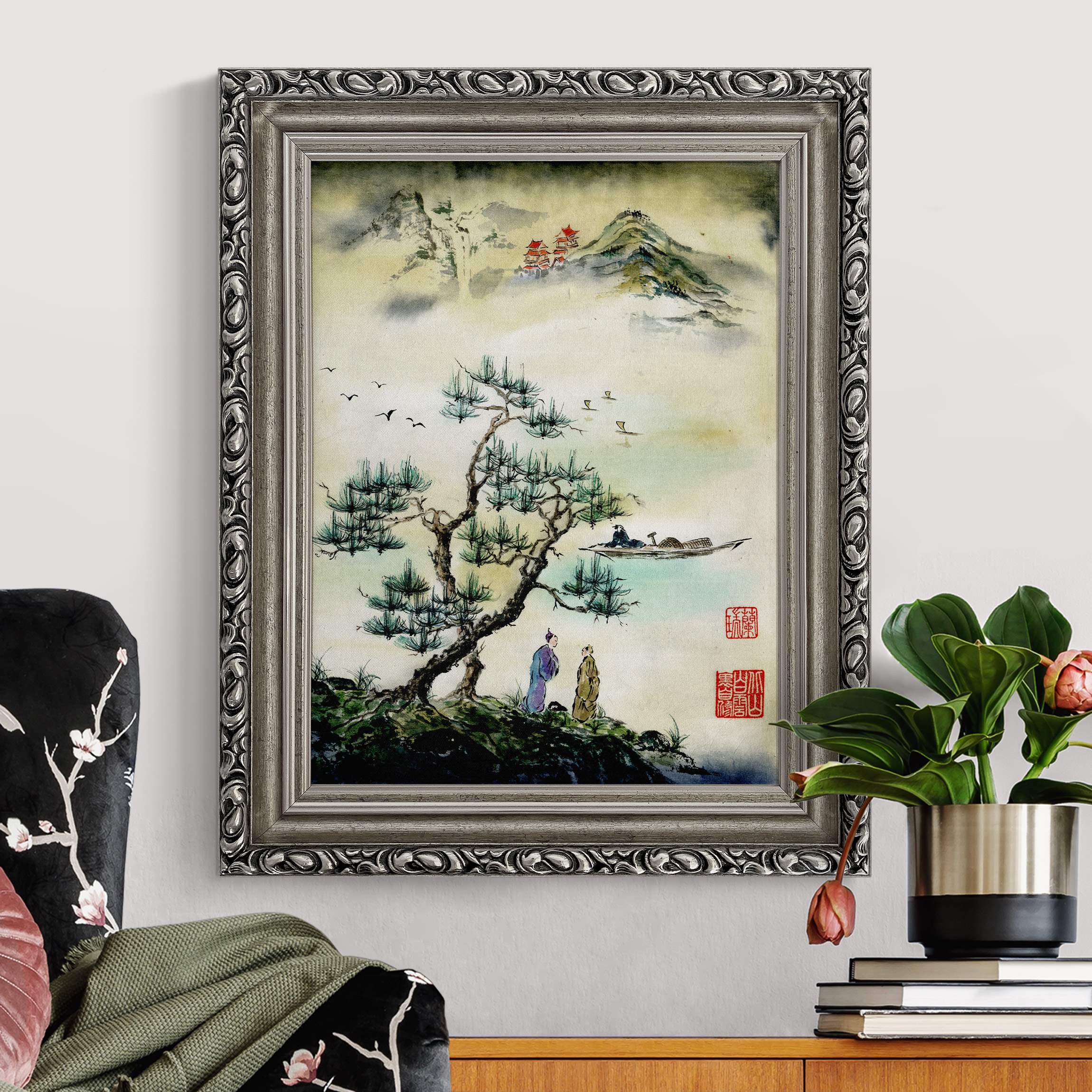 Gerahmtes Leinwandbild Japanische Aquarell Zeichnung Kiefer und Bergdorf günstig online kaufen